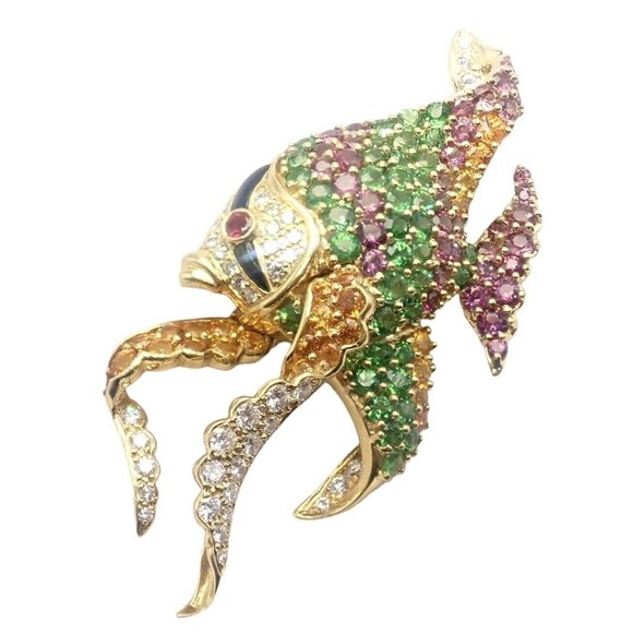 Authentic! Rare Jean Vitau 18k Yellow Gold Diamond Color Stone Angel Fish Brooch - Picture 10 of 12
